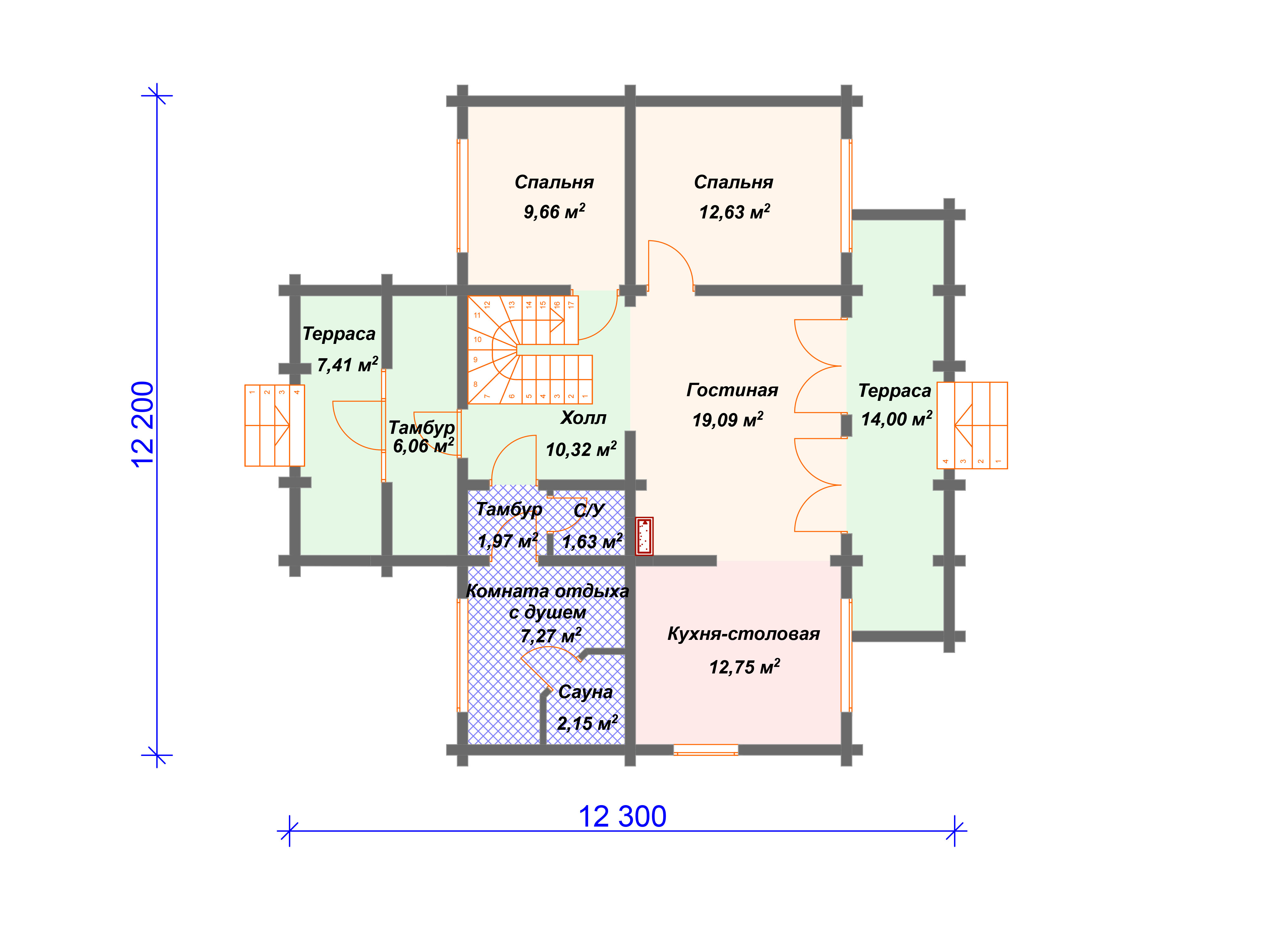 Схема дома из бруса ДС-002 1 этаж