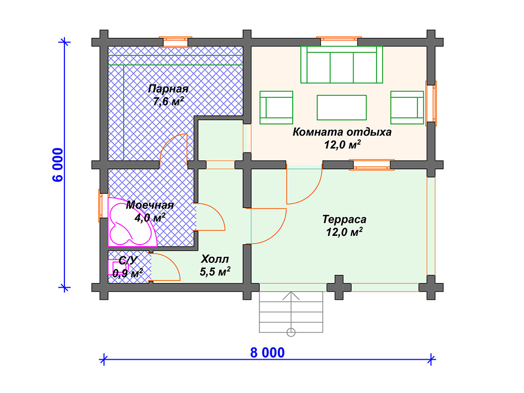 Проект бани 6х8 с террасой