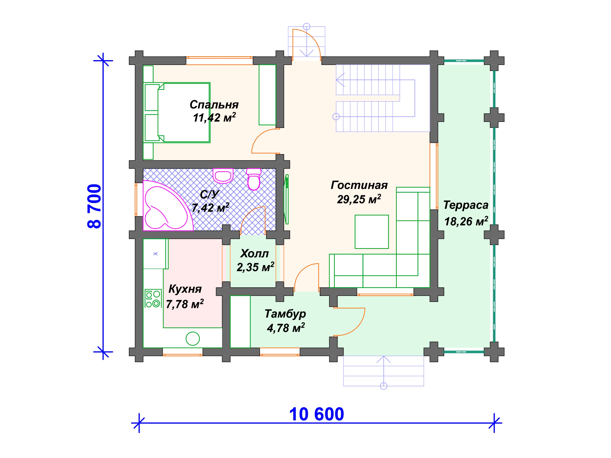 Схема дома из бревна ДО-001 1 этаж