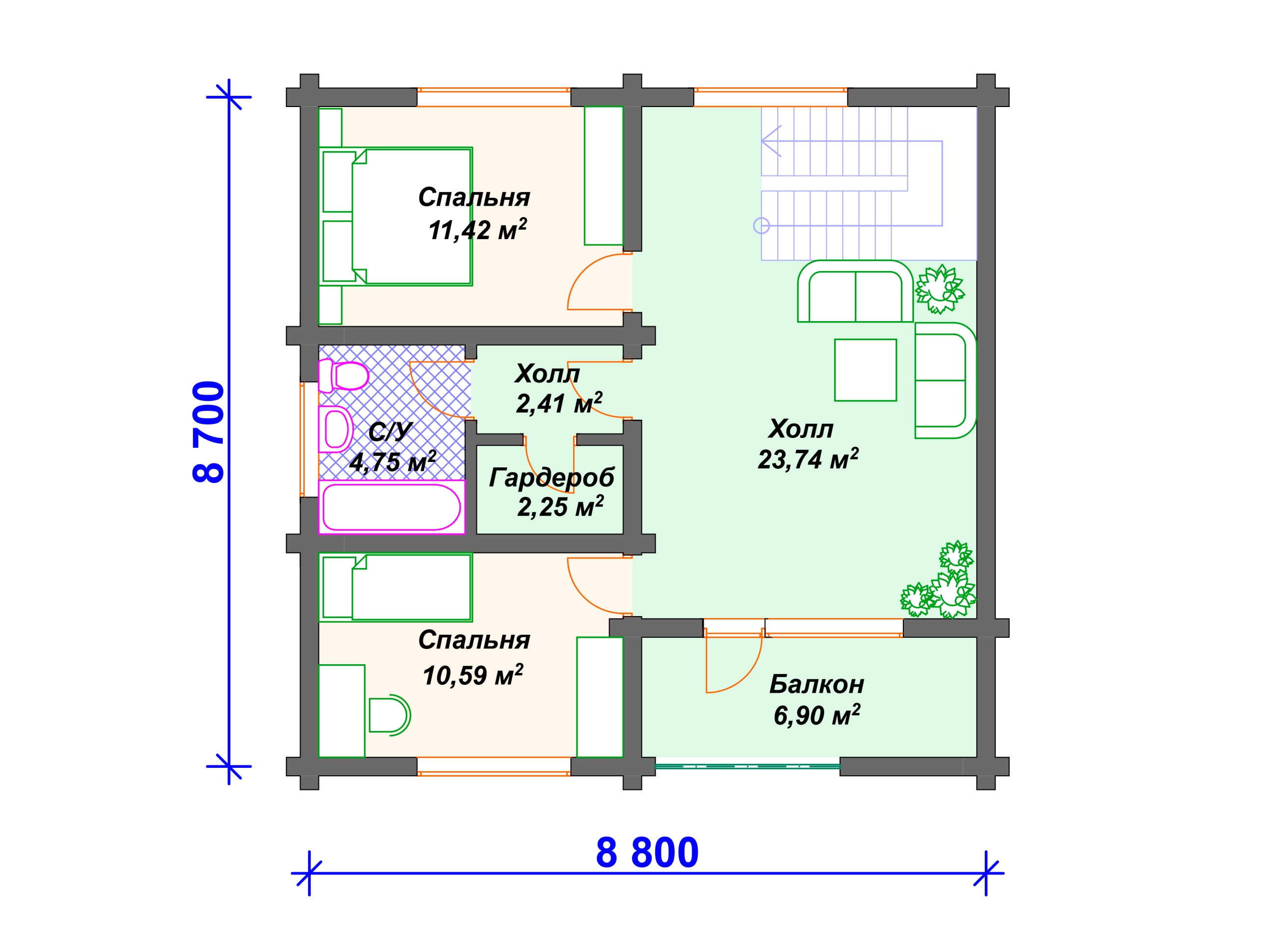 Схема дома из бревна ДО-001 2 этаж