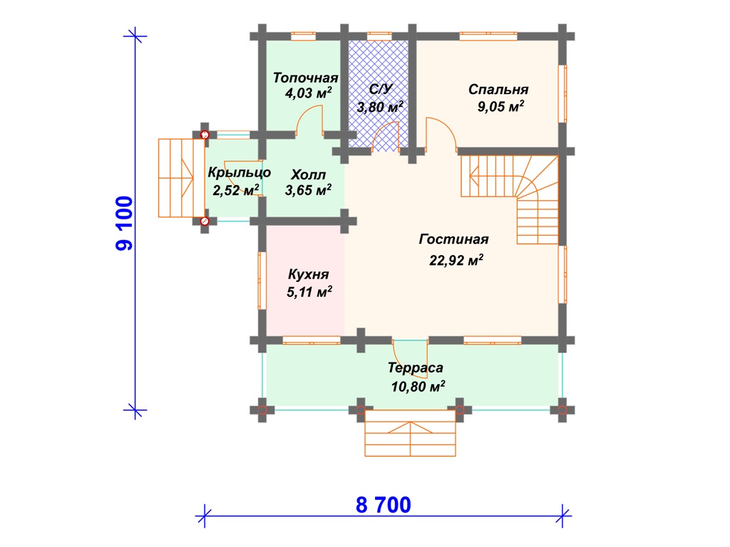 Схема дома из бруса ДО-002 1 этаж
