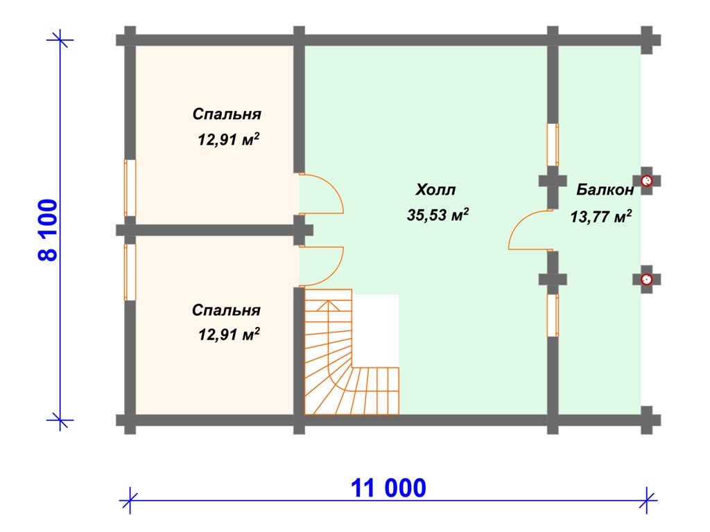 Схема дома из бруса ДО-003 2 этаж
