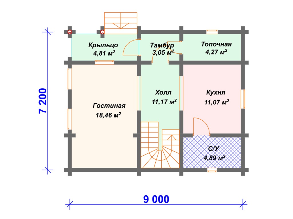 Схема дома из бревна ДО-005 1 этаж