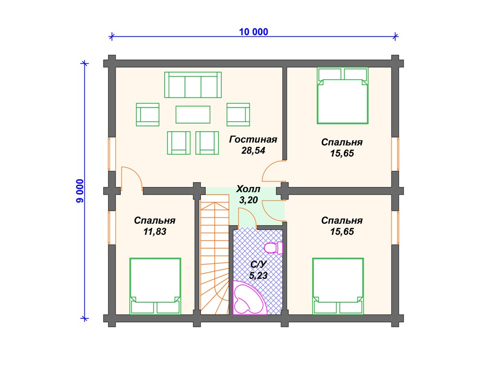 Схема дома из бревна ДО-007 2 этаж
