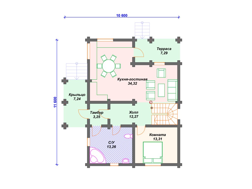 Схема дома из бревна ДО-008 1 этаж