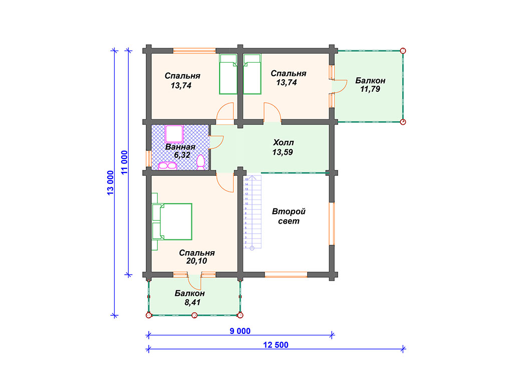 Схема дома из бревна ДО-009 2 этаж