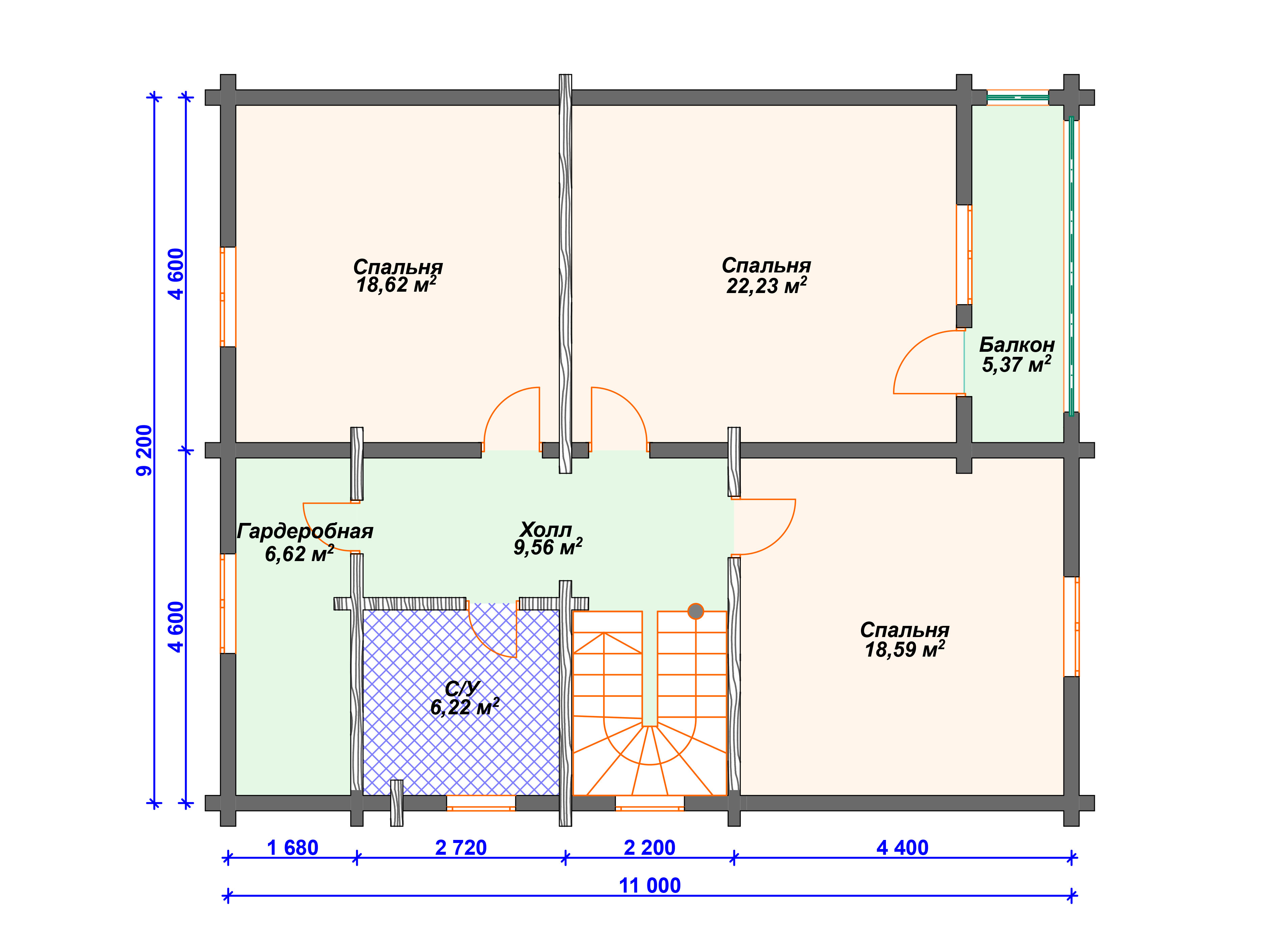 Схема дома из бруса ДС-001 2 этаж