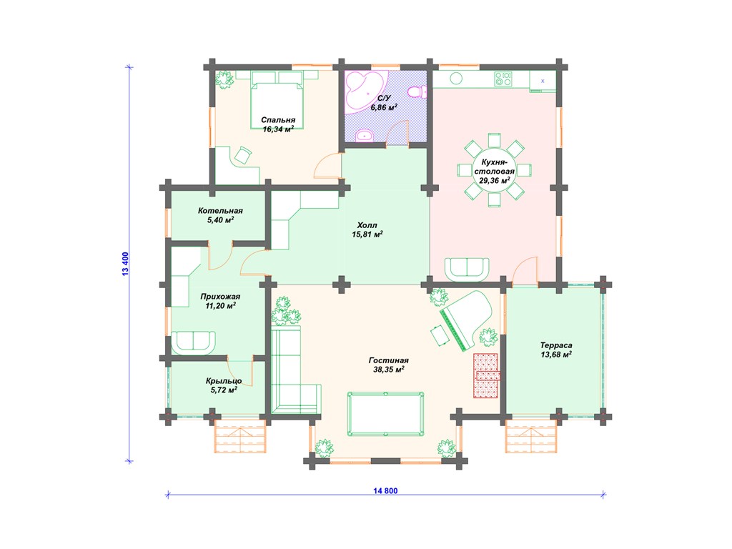 Схема дома из бруса ДС-010 1 этаж