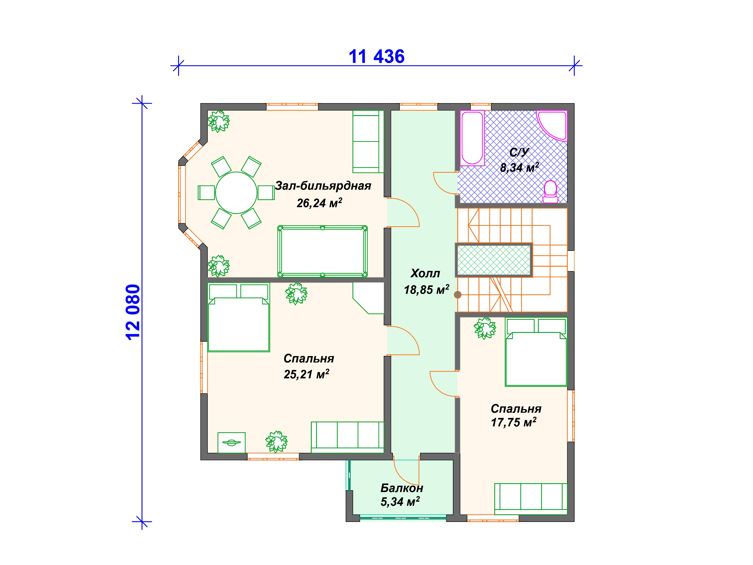 Схема дома из бруса ДС-003 2 этаж
