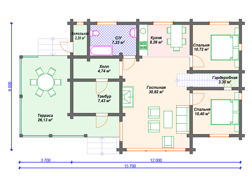 Схема дома из бруса ДС-004 1 этаж