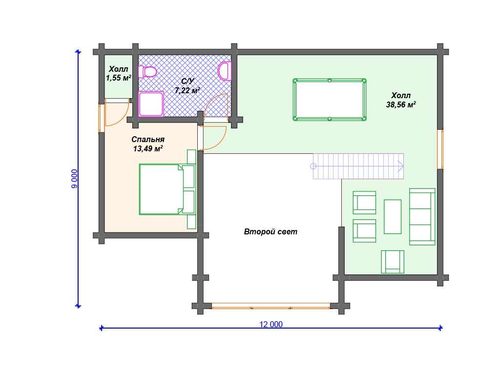 Схема дома из бруса ДС-004 2 этаж
