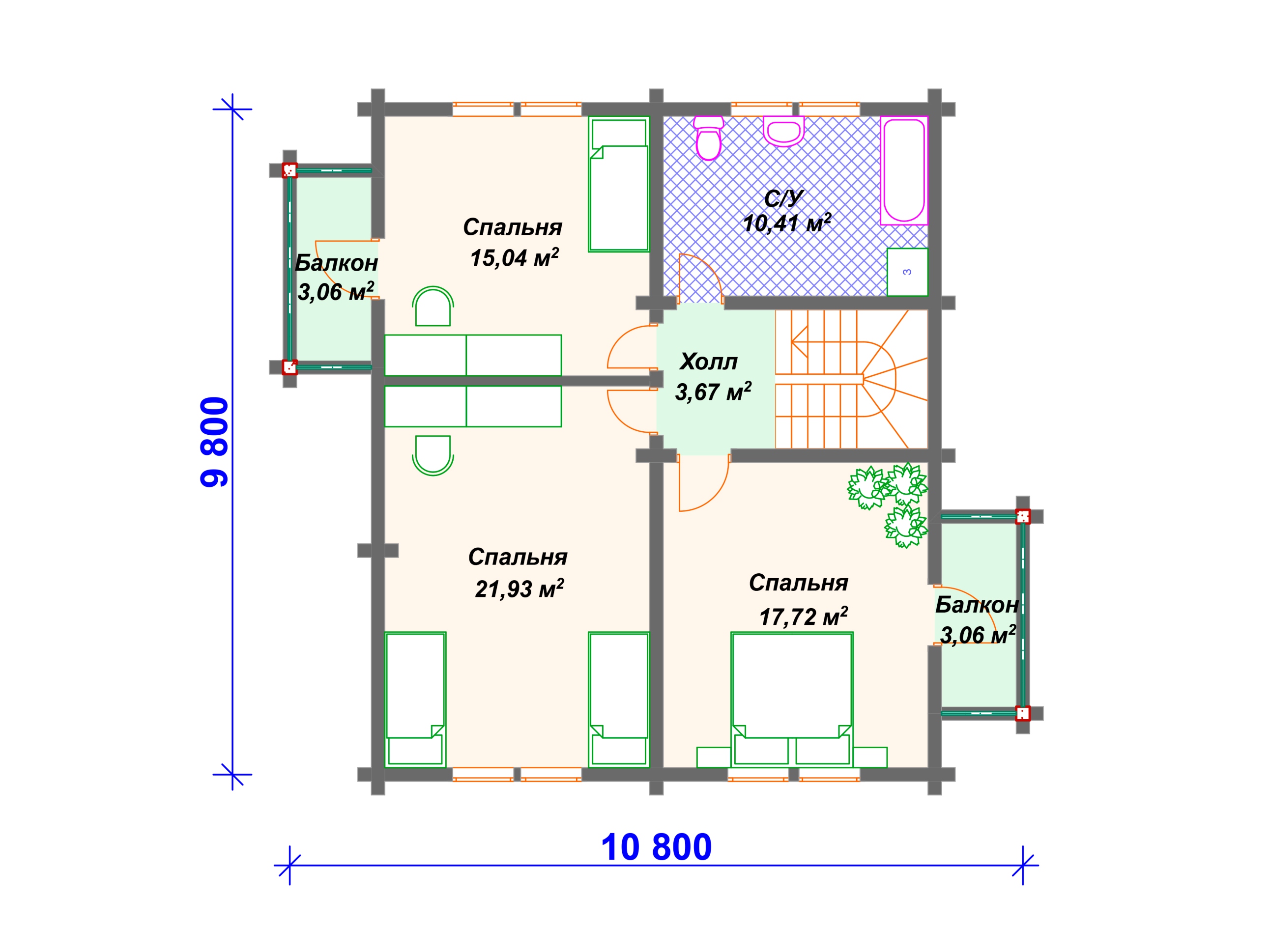 Схема дома из бруса ДС-007 2 этаж