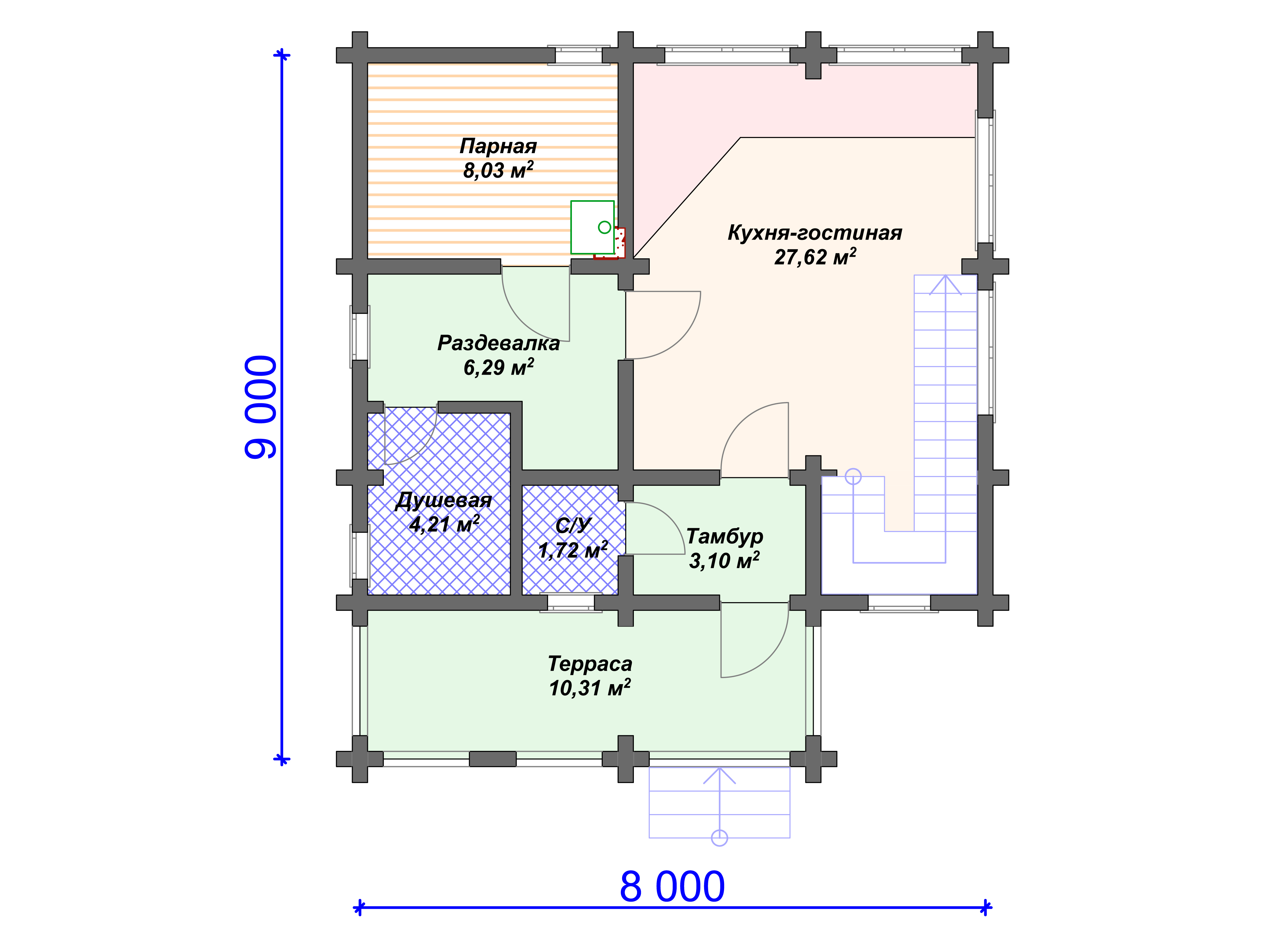 Схема дома из бруса ДС-008 1 этаж
