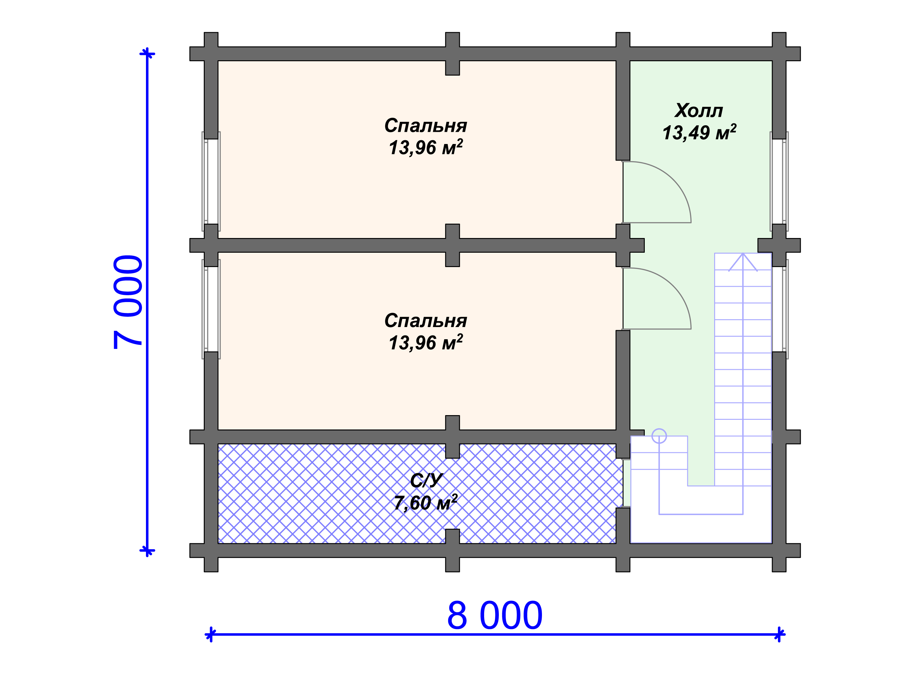 Схема дома из бруса ДС-008 2 этаж
