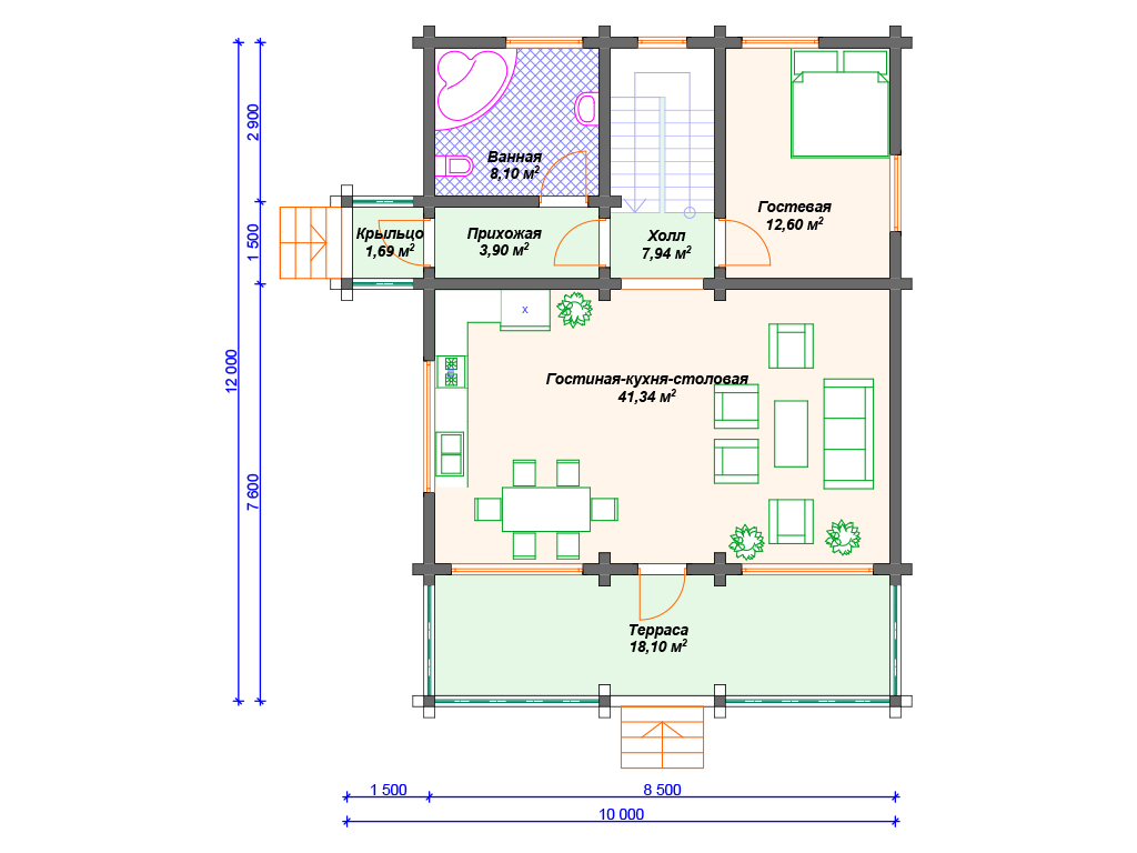 Схема дома из бруса ДС-009 1 этаж