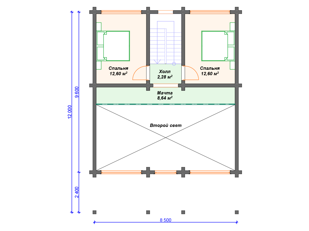 Схема дома из бруса ДС-009 2 этаж