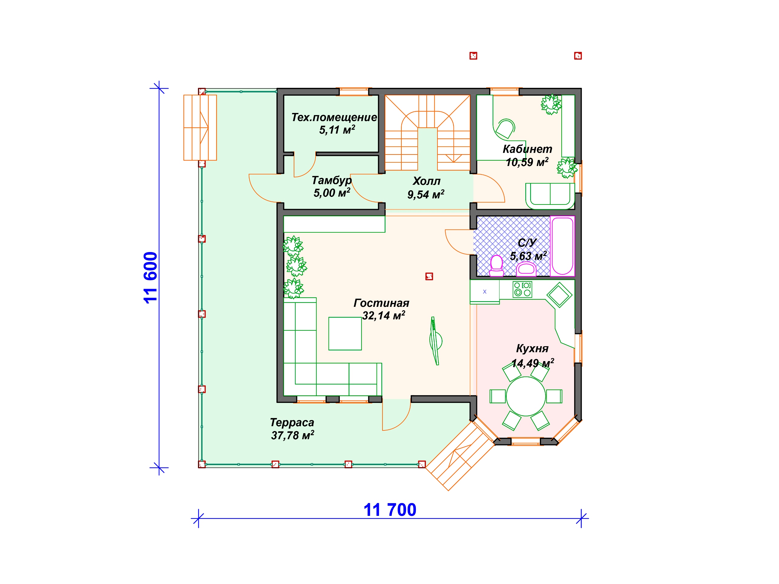 Схема каркасного дома И-007 1 этаж