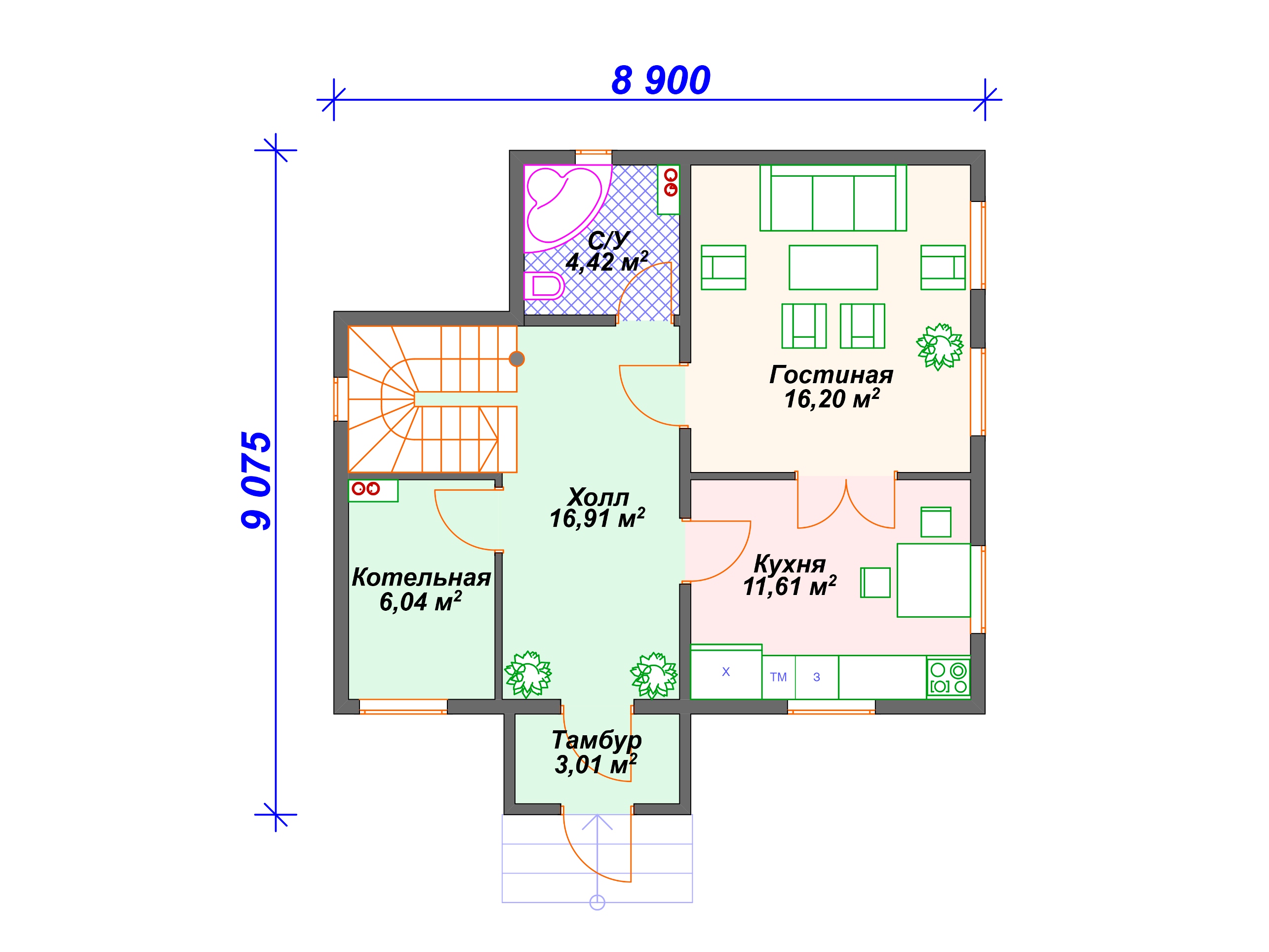 Схема каркасного дома И-008 1 этаж