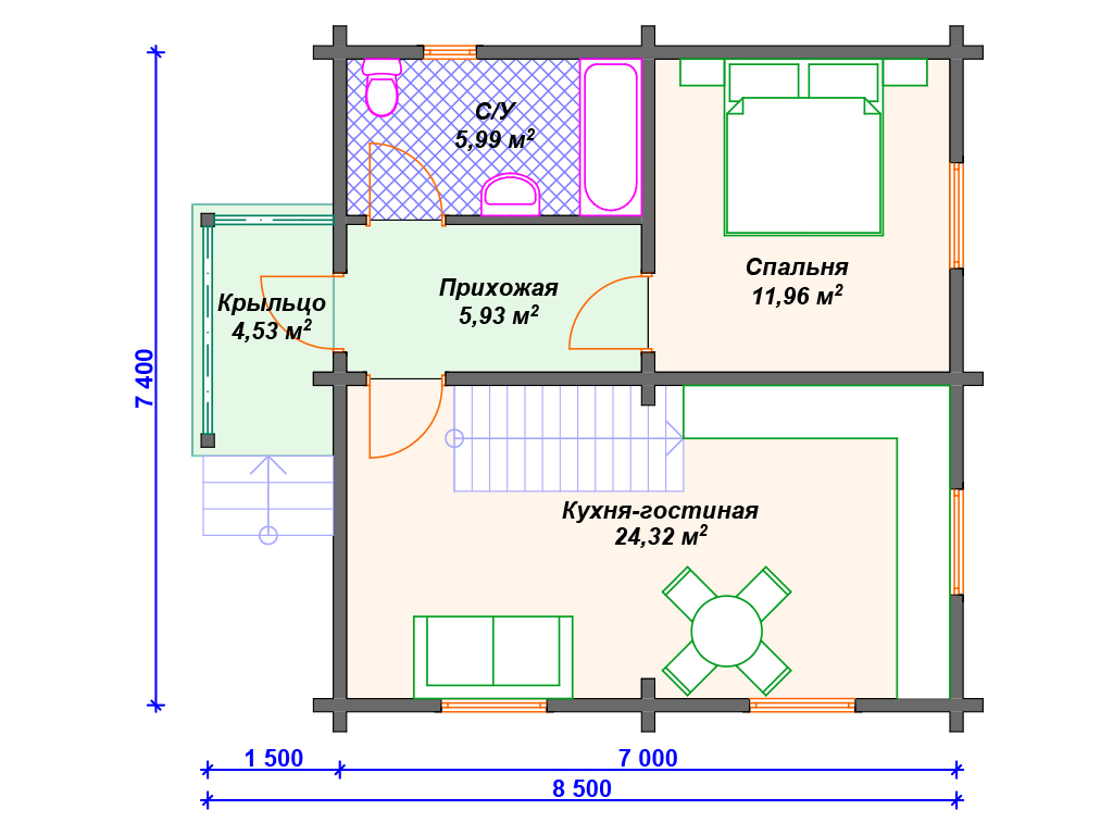 Схема комбинированного дома А-004 1 этаж