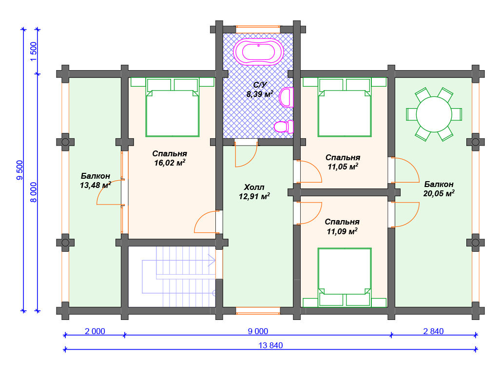 Схема комбинированного дома А-008 2 этаж
